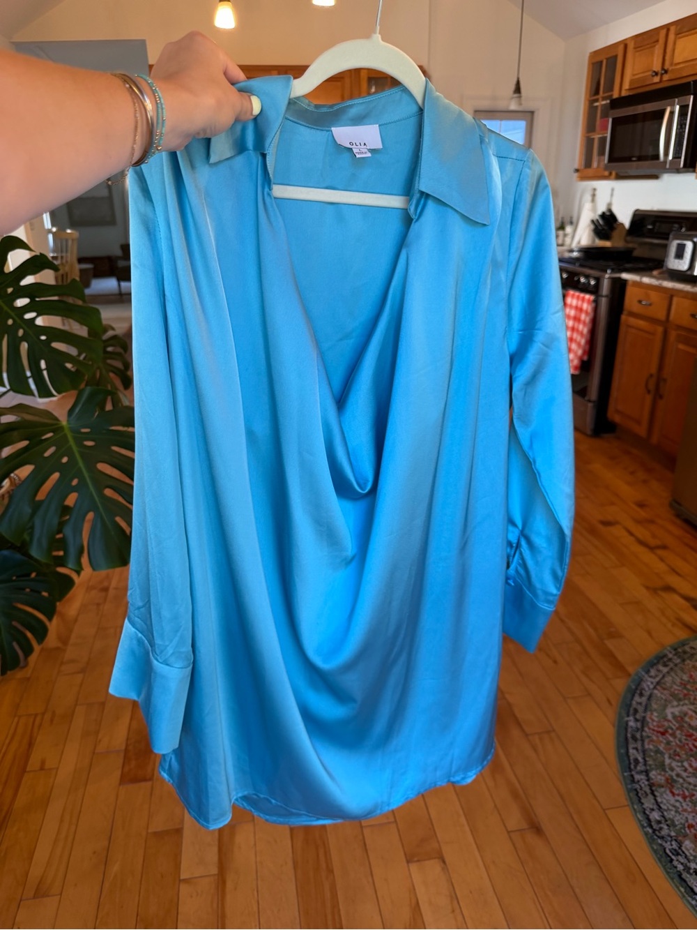 OLIA Satin Draped Cowl Neck Shirt Dress